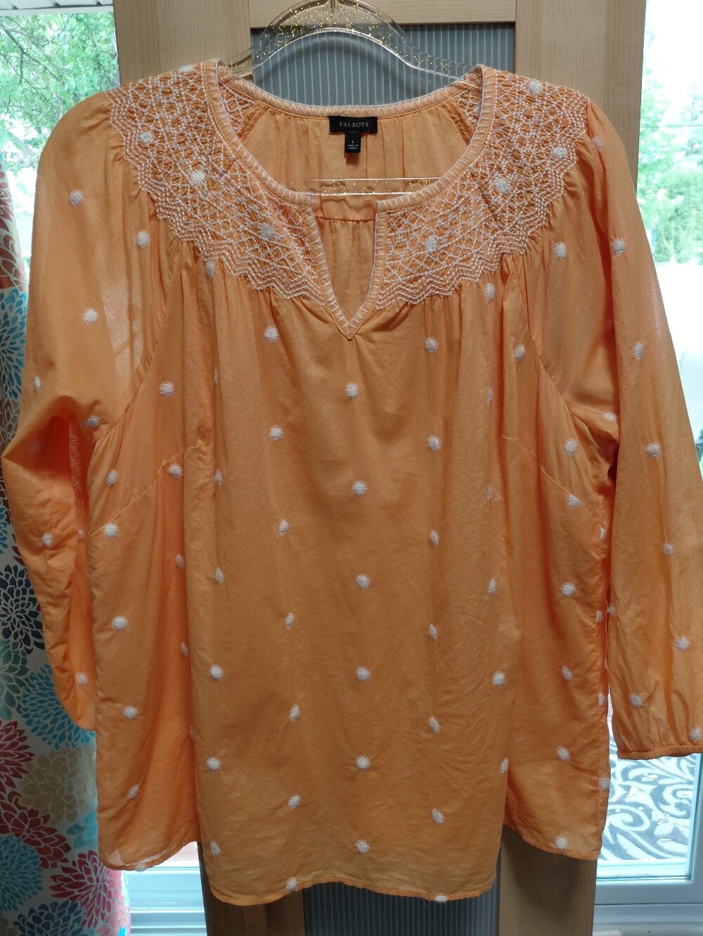 Talbots Orange White Embroidered Cotton  Peasant Summer Top Blouse